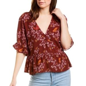 Madewell Maroon Floral Print Wrap Top Shirt